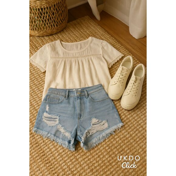 Women’s Light Denim Festival Shorts Boho Style Frayed Hem Soft Fabric - Picture 3 of 10